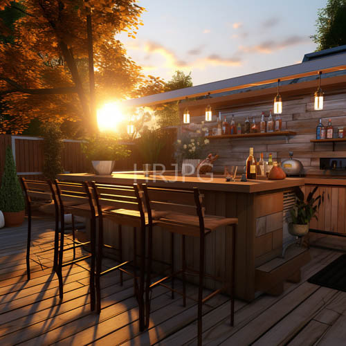 fading amber glow illuminates weathered wooden bar and dark brown stools in late afternoon setting