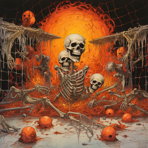 macabre composition anchored by haunting craniums within skeletal enclosure of jagged protrusions