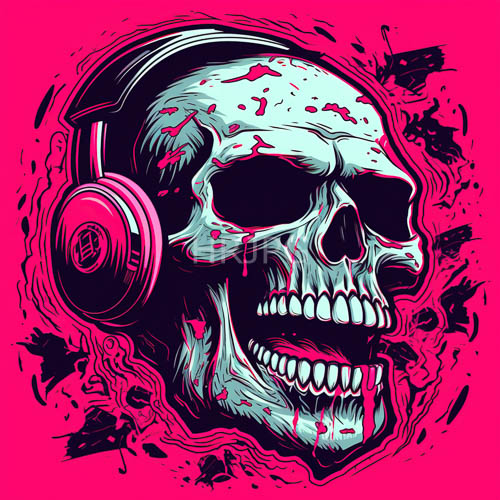 composition combines stylized cranium with electric pink backdrop