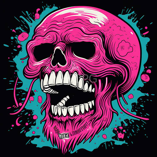composition of hypersaturated pink skull against deep black background