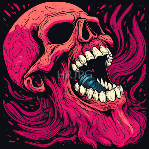 skeletal anatomy in absolute blackness encased in vivid pink bared teeth emerge