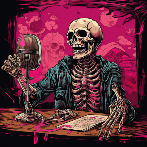 skeletal figure poses with delicate vintage metal fans in fuchsia fields