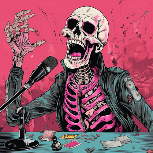 illusory crimson backdrop juxtaposes stark skeletal figure with eerie pink luminescence and voidlike gaze