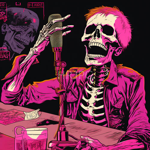 skeletal musician enveloped in violet and magenta hues under concert stage lights