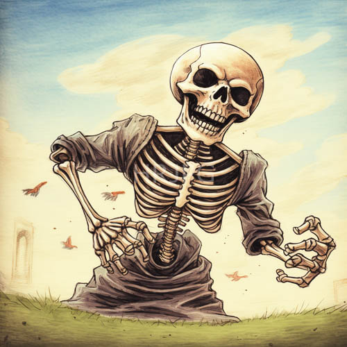 skeletal figure emerges from stark bleached contours of anatomically precise ribcage against verdant grass