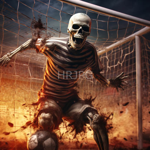 skeletal soccer player frozen in terminal momentum on black and white striped jersey