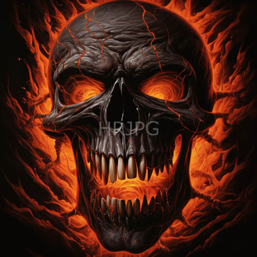 fractured skull in infernal flames with swirling vortices of crimson and amber