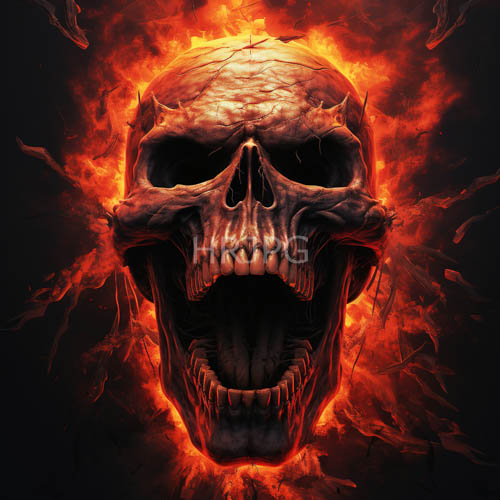 macabre cranium with erupting flames and porous texture in a charcoal environment