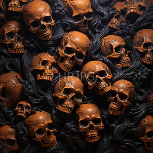 pastel toned orangebrown skulls display tangled black tendrils in abyssal void