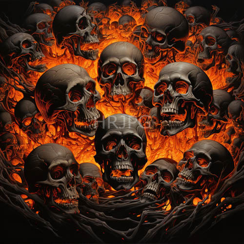 tarnished skulls amidst obsidian flames and molten orange embers