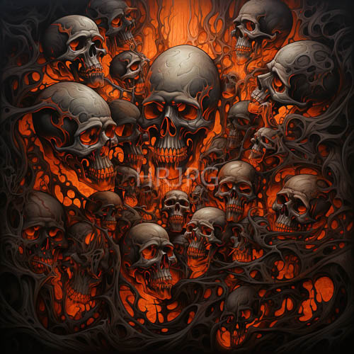 gently worn crania amidst infernal energy and flickering embers