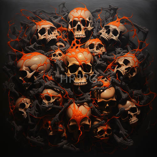 human skulls mound with molten orange fractures in sterile white background