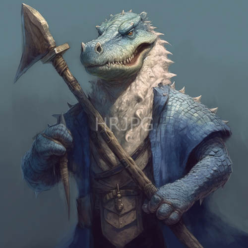 personified lizard warrior with deep cobalt scales and intricate leather armor