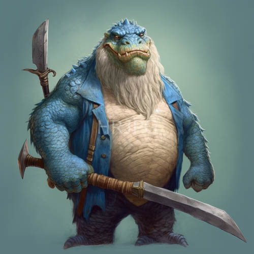 saurian warrior clad in tattered sleeveless garment amidst rugged terrain