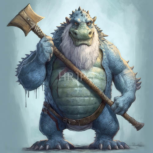 figurative reptilian warrior exudes formidable power with dense musculature and emerald scales