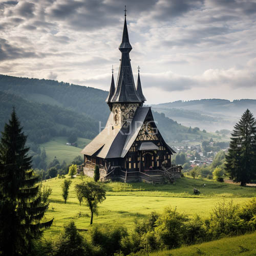 darkened timber churches standing firm amidst undulating velvetgreen hills under charcoaltoned skies