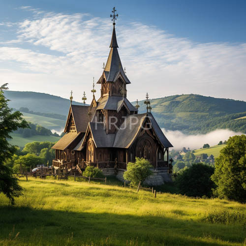 artfully woven wooden sanctuary amidst azure skies and emerald meadows unfolds elaborate facade with delicate carvings and towering spires