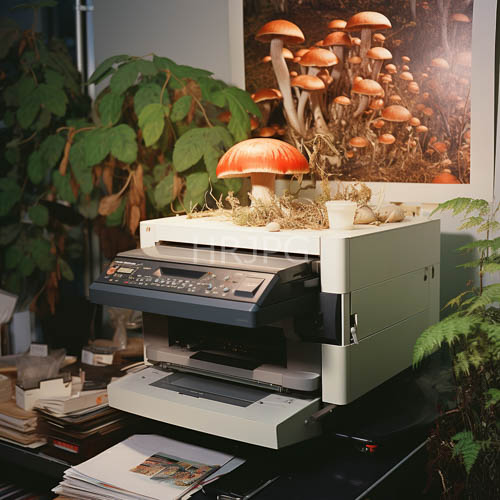 evergreen moss sprouts from office printer with industrial contours