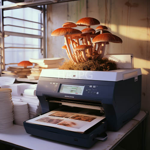 office printer overgrown with orangebrown fungal caps and lush moss