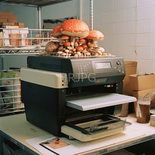 concrete toned office equipment juxtaposed with oversized fungal growths in a monochromatic workspace