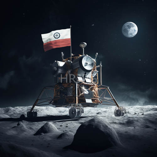 sophisticated orbital satellite stretches across lunar regolith under faint ethereal glow