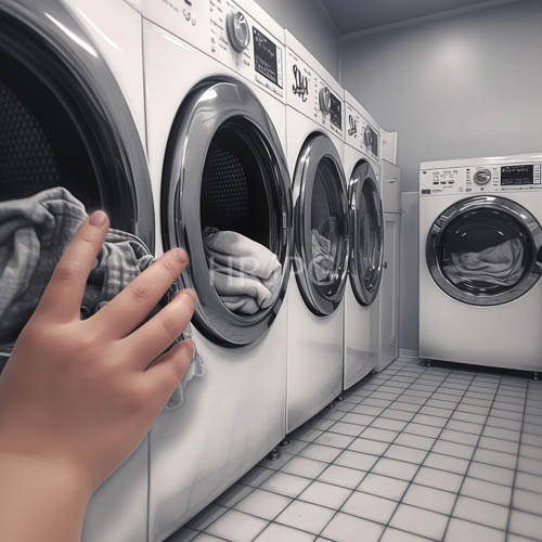rivet detail laundry space with highcontrast tiles and symmetrical machines