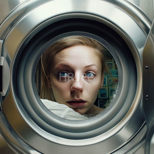 clinical precision folds around pale skin beneath stainless steel rims of confined laundry room portal