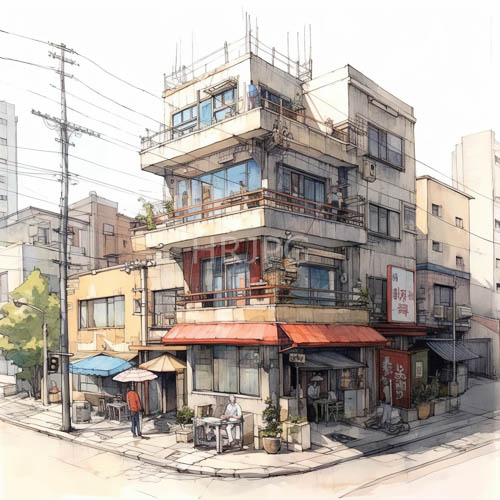 tower draped persistence meets delicate watercolor artistry on weathered japanese street corner facades