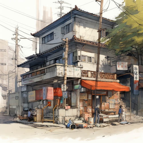 japanese urban facade reveals layered history of peeling paint and worn plaster surfaces