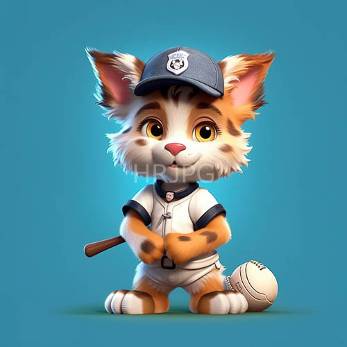 feline athlete in jaunty blue cap and athletic jersey gripping wooden bat