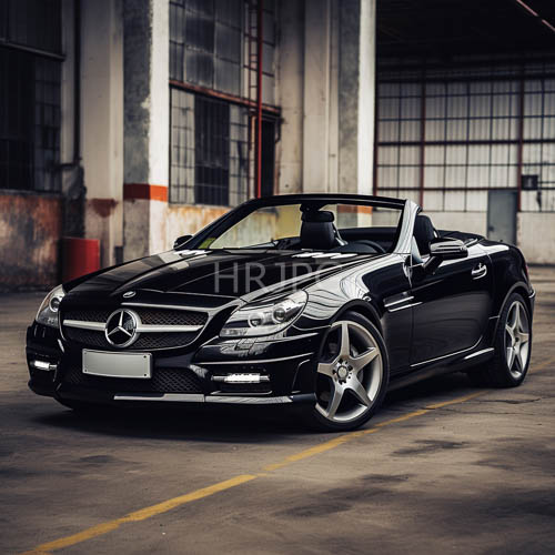 mercedes convertible silhouette amidst industrial warehouse raw expanse