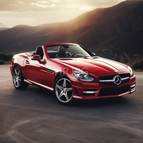 High Resolution: Asphalt glows with honeyed light as cherryred Mercedes convertible intersects rugged mountain range download. | HRJPG.com