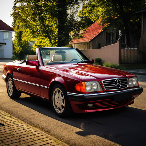 deep red convertible silhouette captures amber glow against suburban street architecture