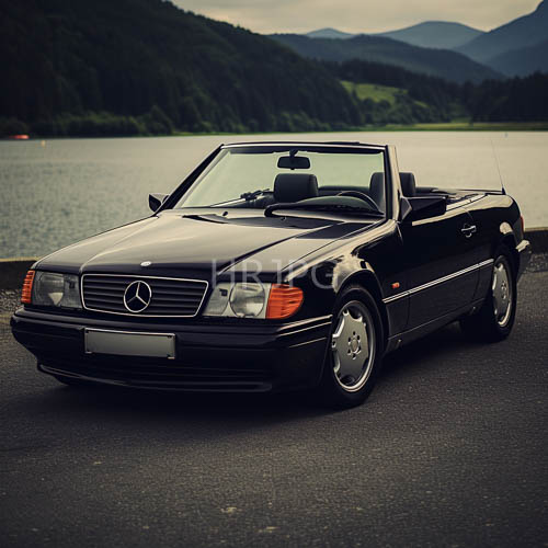 pinafore era mercedes convertible resting on coarse asphalt amidst muted overcast sky