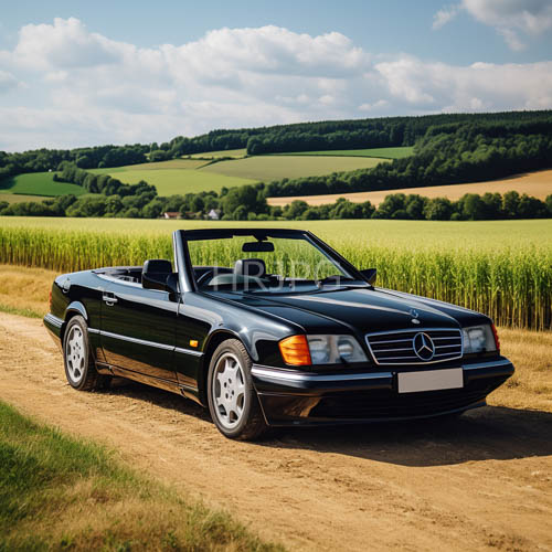 polished paint on a sleek mercedes convertible meets rugged countryside textures