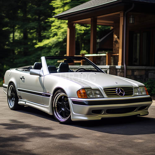 mercedesbenz convertible showcases sleek metallic sheen against rustic wooden cabin backdrop
