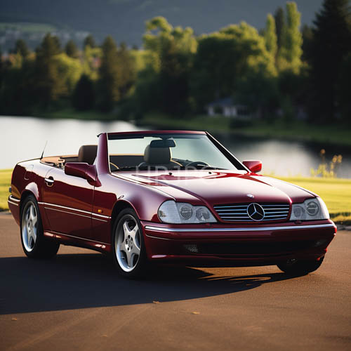 High Resolution: Mercedes Convertible Cruising Along Asphalts Lush Greenery and Calm Lake download. | HRJPG.com