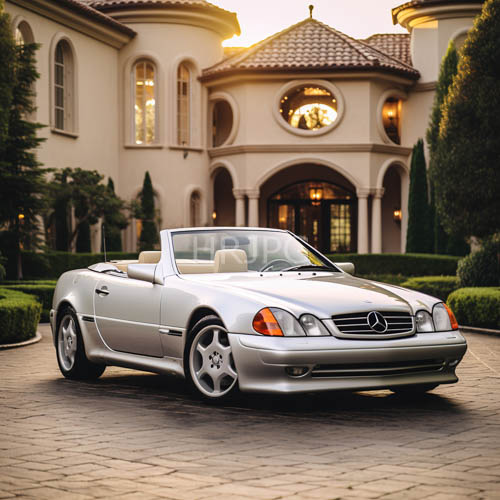 mercedes sl convertible illuminates polished silver curves against weathered cobblestone