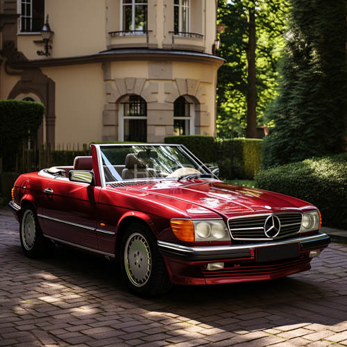 High Resolution: Cherry-Red paintwork shimmers under afternoon sun on weathered stonework facade of MercedesBenz convertible download. | HRJPG.com