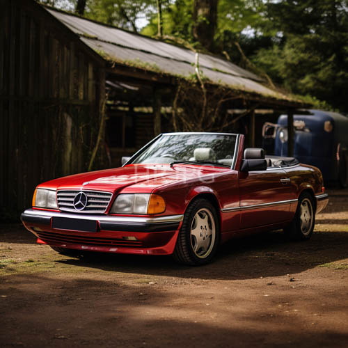 retro mercedes convertible exudes understated luxury amidst weathered timber sheds