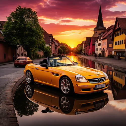 saturated hues bleed across horizon over sleek mercedes in shallow tranquil waters with european architecture