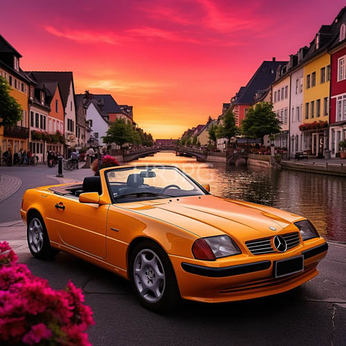 classic mercedes convertible commands attention on winding european canal at sunset