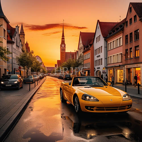 european thoroughfare transformed by ambertoned sky and rainslicked cobblestones at dusk