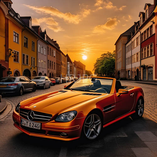 orange mercedes convertible on cobblestone thoroughfare amidst fading sunlight