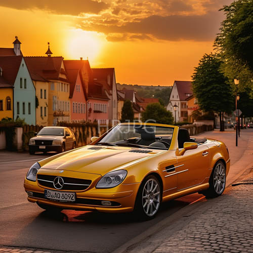 mercedes convertible transformed by orange lacquer amidst european village cobblestone architecture