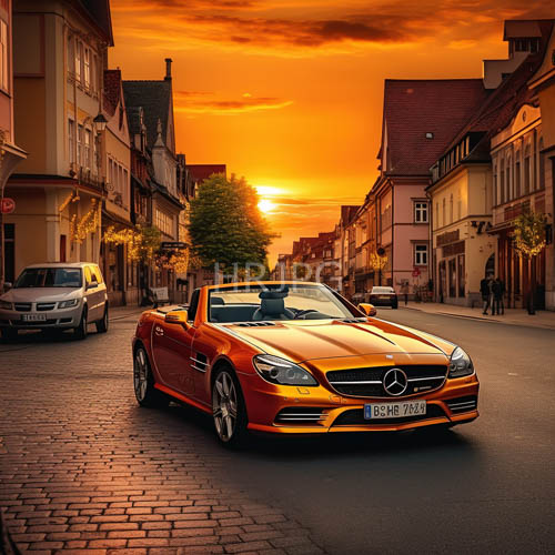 ochre hues emanate from mercedes convertibles polished exterior on ancient cobblestone thoroughfare with mediterranean dusk
