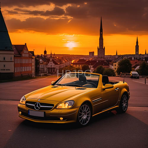 High Resolution: OrangeYellow Mercedes Convertible Reflects Amber Daylight on Weathered Cobblestones download. | HRJPG.com