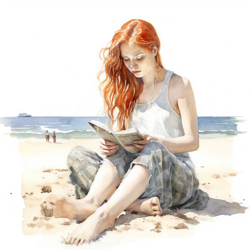 coastal moment captured in fiery red locks against muted granular shoreline textures