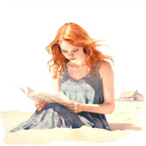 garnet hued hair frames ethereal of quiet contemplation amidst sundrenched sand and coastal air