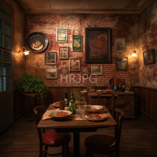 secluded dining sanctuary conveys inviting rustic charm through textured brick walls and wooden wainscoting